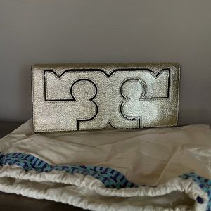 Tory Burch Gold Metallic Clutch Like New Condition with Dust Bag